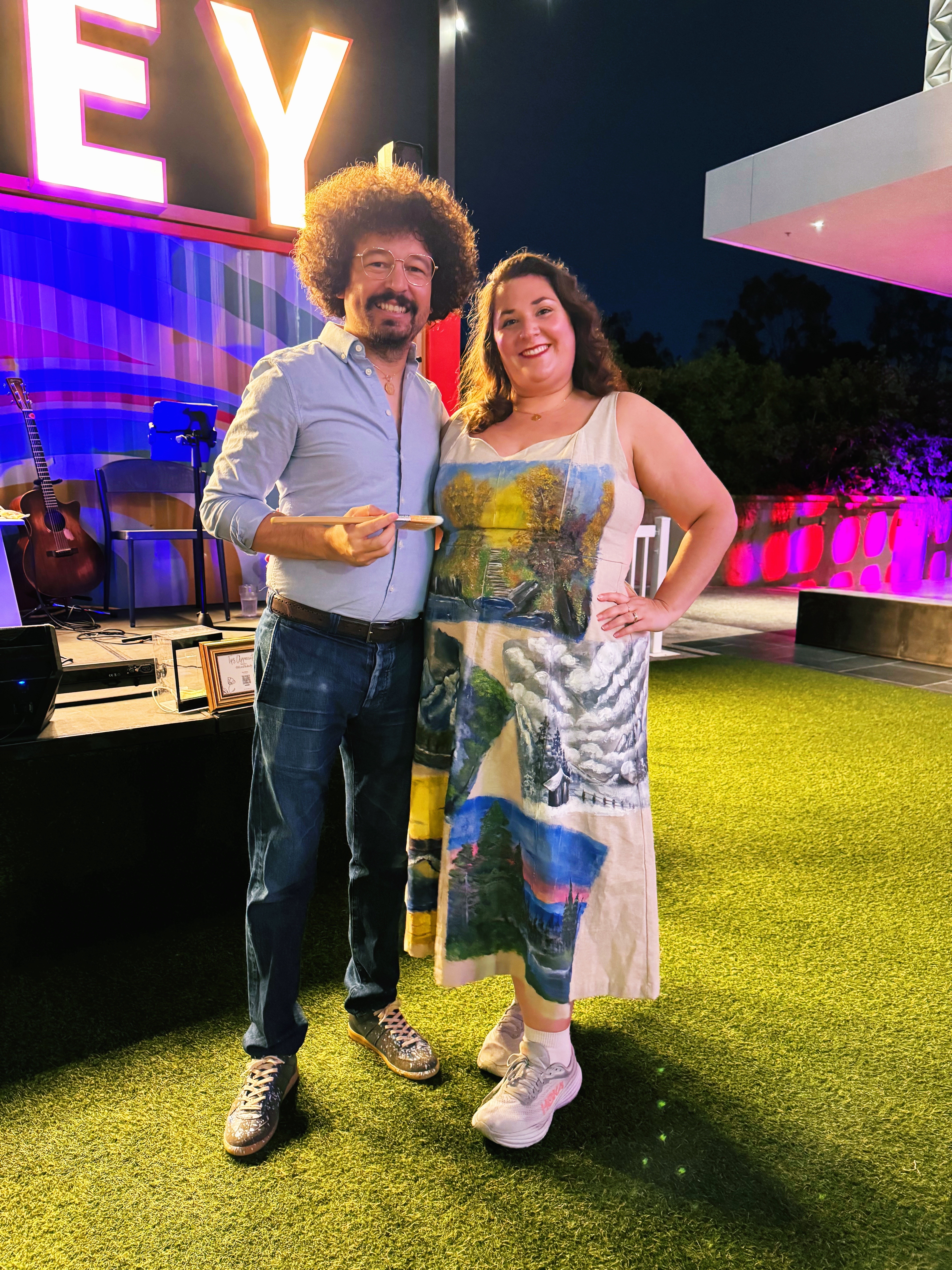 Jerry was Bob Ross last Halloween - I was his art, I hand painted my dress! Related: The Art of Painting WORKS!